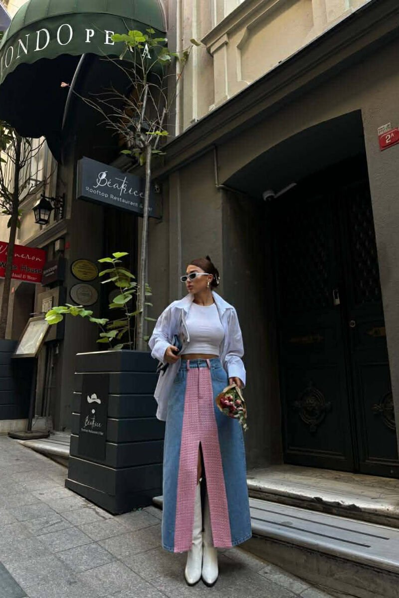 DENIM FRONT KNITTED DETAIL WOMEN SKIRT PINK/ROZE - 2