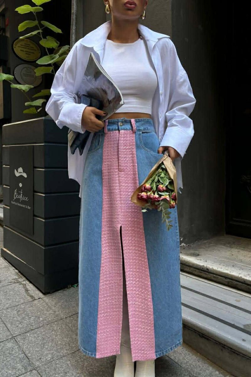 DENIM FRONT KNITTED DETAIL WOMEN SKIRT PINK/ROZE - 1