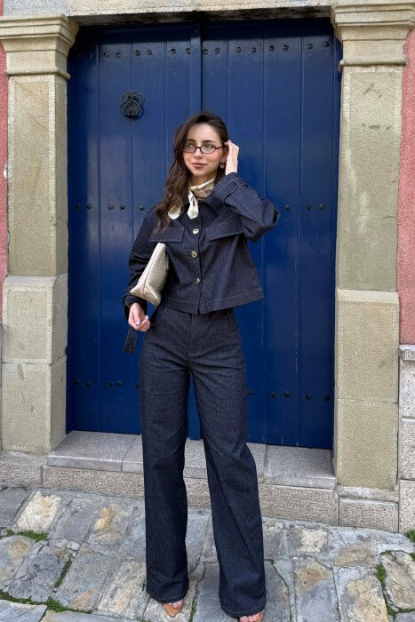 DENIM GOLD BUTTONS JACKET + JEANS WOMAN SET BLUE/BLU - KLAUDIO FASHION