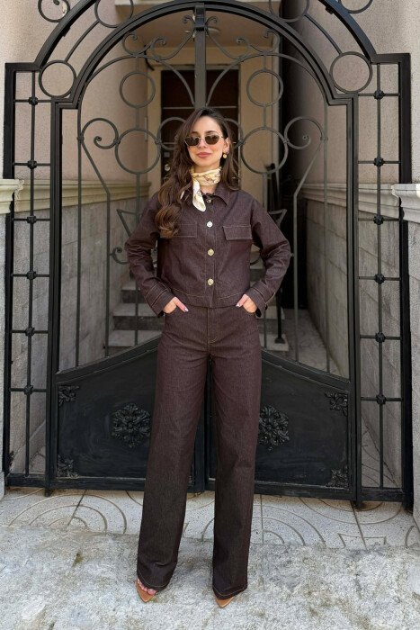 DENIM GOLD BUTTONS JACKET + JEANS WOMAN SET BROWN/KAFE - KLAUDIO FASHION
