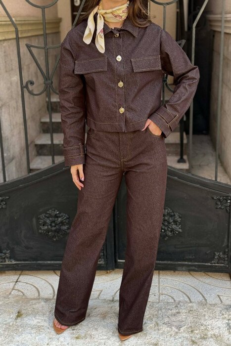DENIM GOLD BUTTONS JACKET + JEANS WOMAN SET BROWN/KAFE - 4