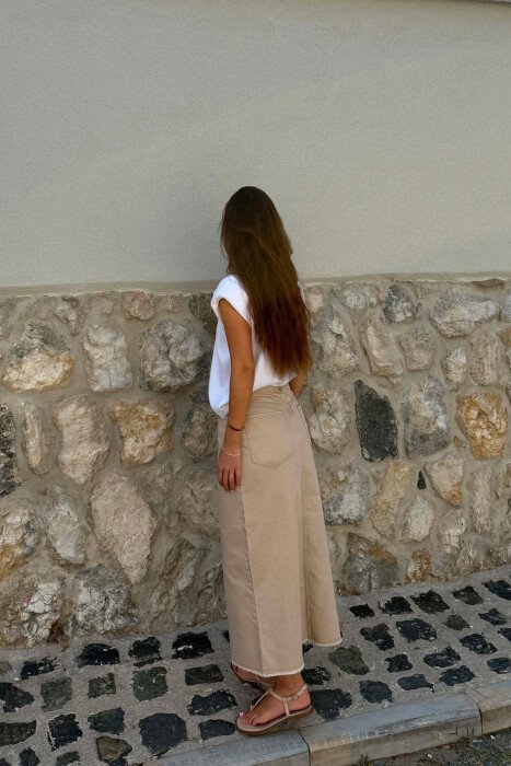 DENIM MIDI WITH SLIT WOMAN SKIRT BEIGE/BEZHE - 3