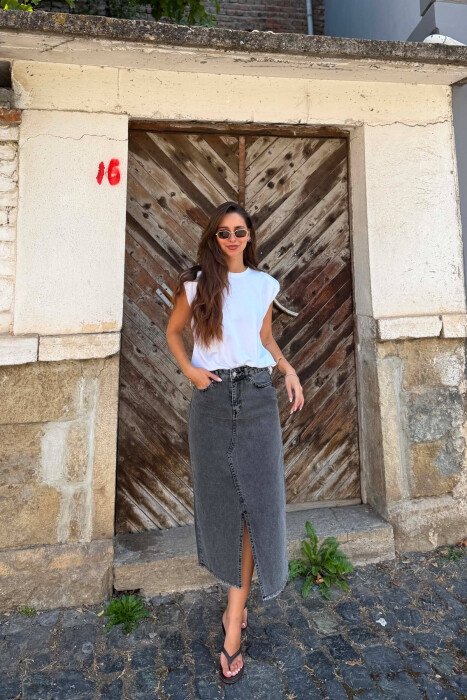DENIM MIDI WITH SLIT WOMAN SKIRT GREY/GRI 