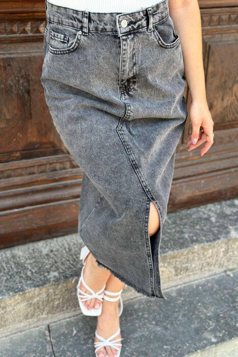 DENIM MIDI WITH SLIT WOMAN SKIRT GREY/GRI - KLAUDIO FASHION