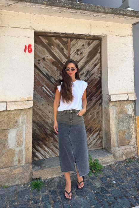 DENIM MIDI WITH SLIT WOMAN SKIRT GREY/GRI - 2