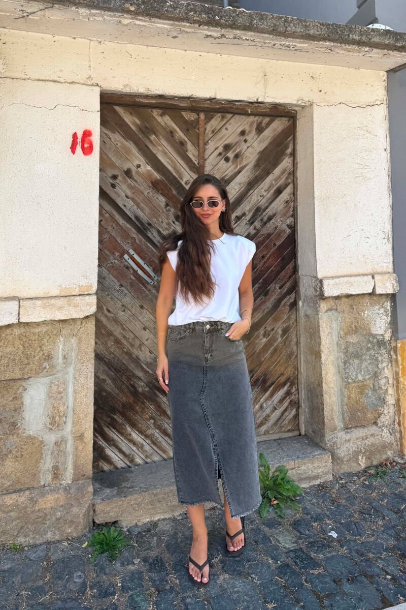 DENIM MIDI WITH SLIT WOMAN SKIRT GREY/GRI - 2