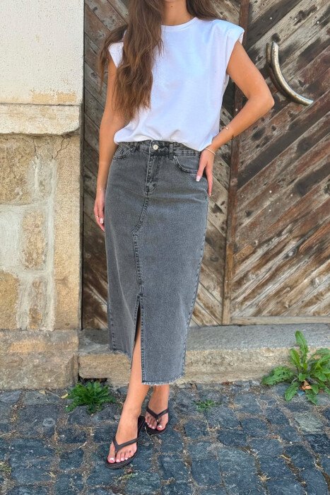 DENIM MIDI WITH SLIT WOMAN SKIRT GREY/GRI - 3