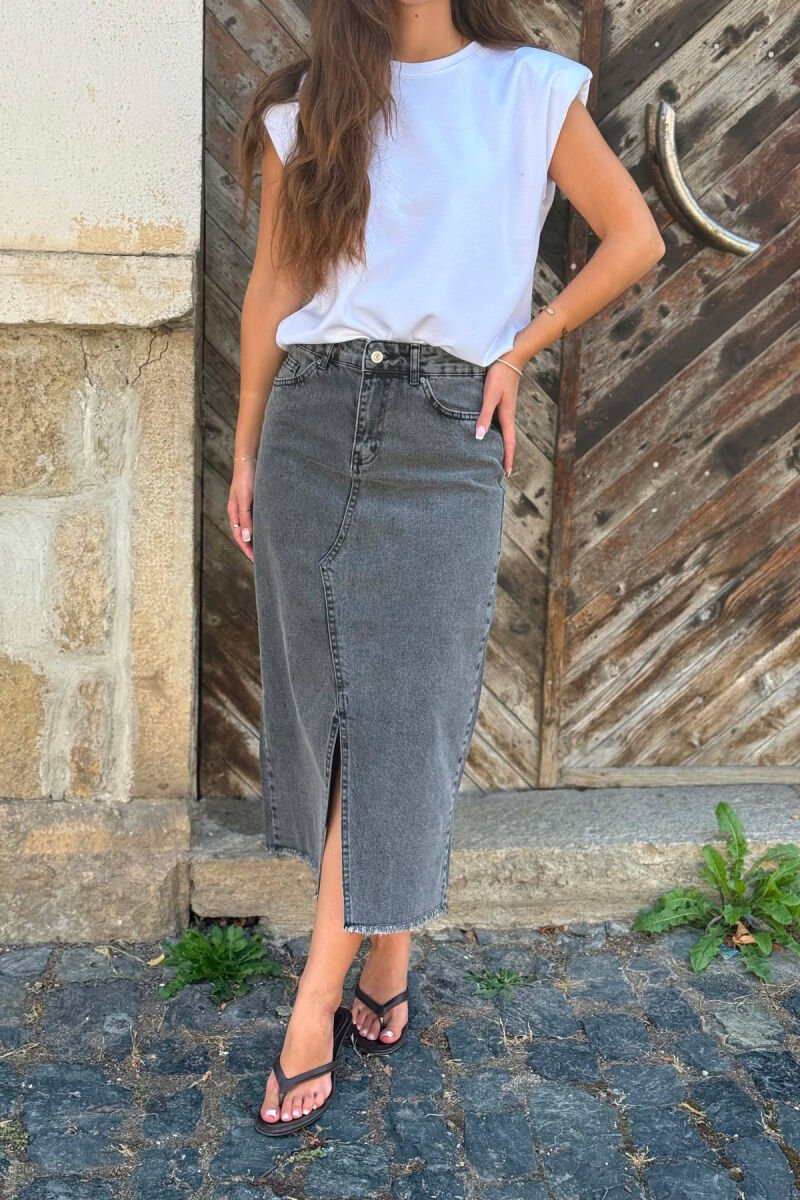 DENIM MIDI WITH SLIT WOMAN SKIRT GREY/GRI - 3