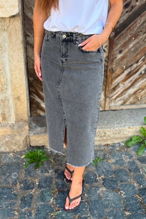 DENIM MIDI WITH SLIT WOMAN SKIRT GREY/GRI - 4