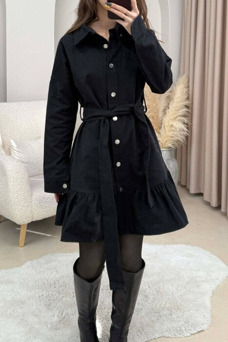 DENIM POLO NECK BELT DETAIL WOMEN DRESS BLACK/ E ZEZE - 4