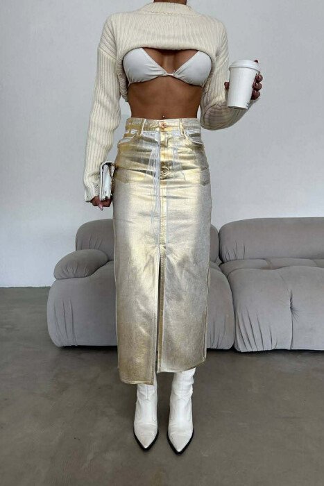 DENIM SHINNY WOMEN SKIRT GOLDEN ROD/GOLD - KLAUDIO FASHION