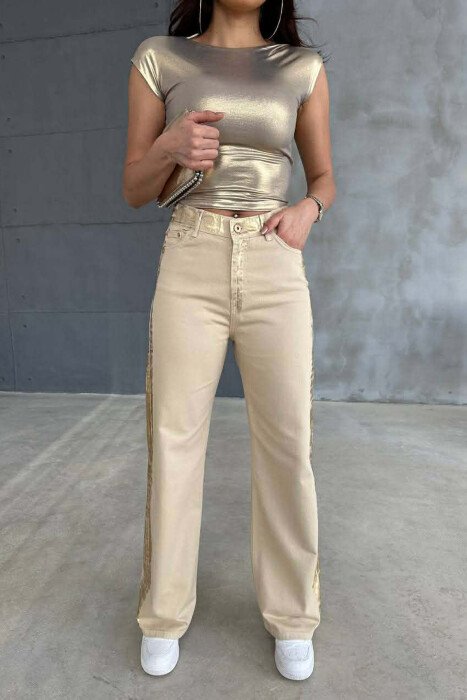 DENIM SILVER DETAILS WIDE LEG WOMEN JEANS BEIGE/BEZHE - 6