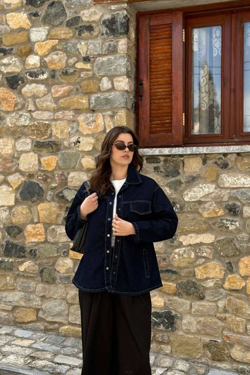 DENIM SIMPLE BUTTONED WOMEN JACKET DARK BLUE/BEE - 1