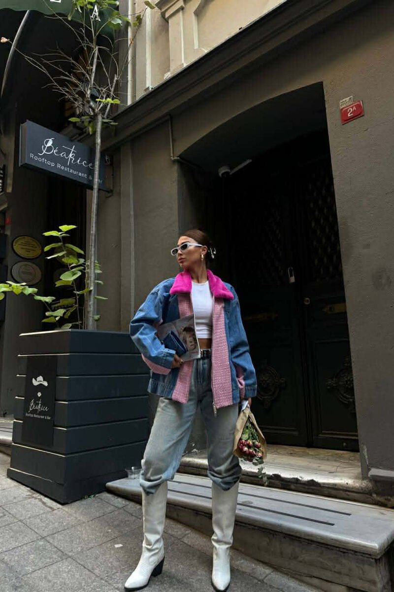 DENIM SIMPLE ZIPPER FAUX NECK DETAIL WOMEN JACKET PINK/ROZE - 1