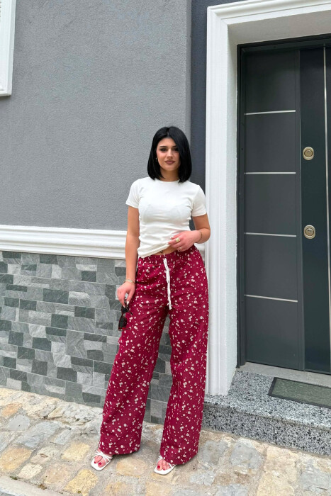 DESIGNED ELASTIC WAIST WOMAN TROUSERS BURGUNDY/VISHNJE - KLAUDIO FASHION