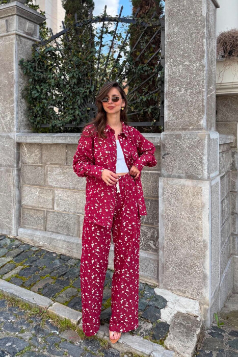 SET KEMISHE ME DIZJAN + PANTALLONA PER FEMRA NE NGJYRE VISHNJE - KLAUDIO FASHION