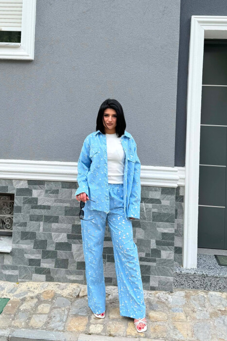 SET KEMISHE ME DIZJAN + PANTALLONA PER FEMRA NE NGJYRE BLU TE ZBARDHUR 