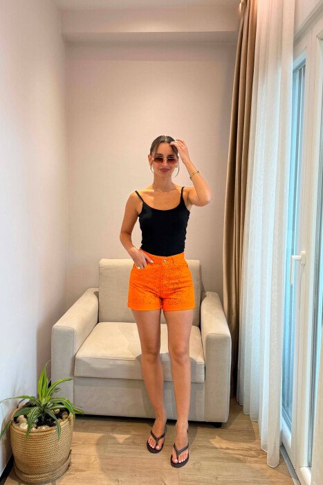DESIGNED ONE COLOR DENIM WOMAN SHORTS ORANGE/PORTOKALLI - KLAUDIO FASHION