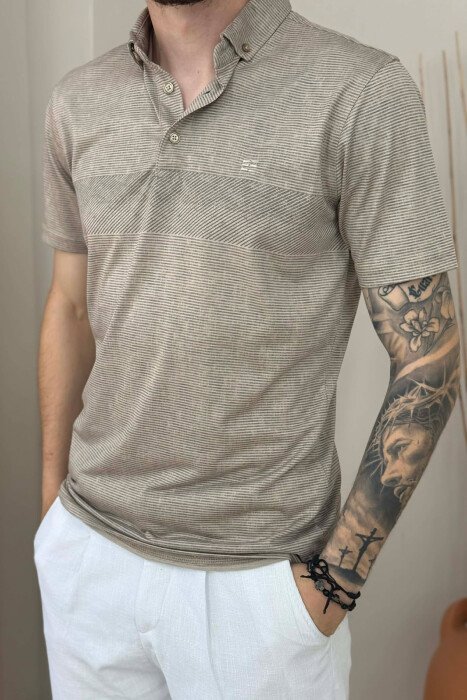 DESIGNED POLO NECK MEN T-SHIRT BEIGE/BEZHE - 2