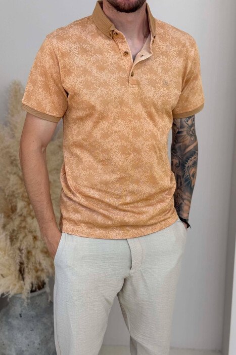DESIGNED POLO NECK MEN T-SHIRT LIGHT BROWN/KAZB - 4
