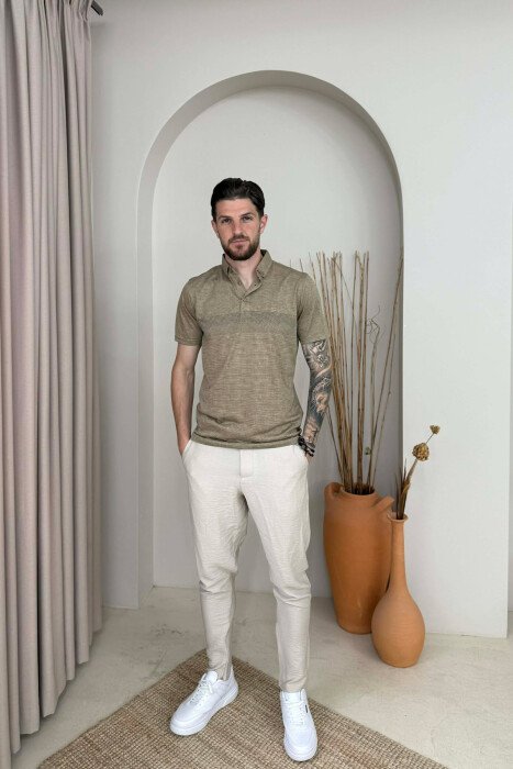 DESIGNED POLO NECK MEN T-SHIRT LIGHT BROWN/KAZB - 3