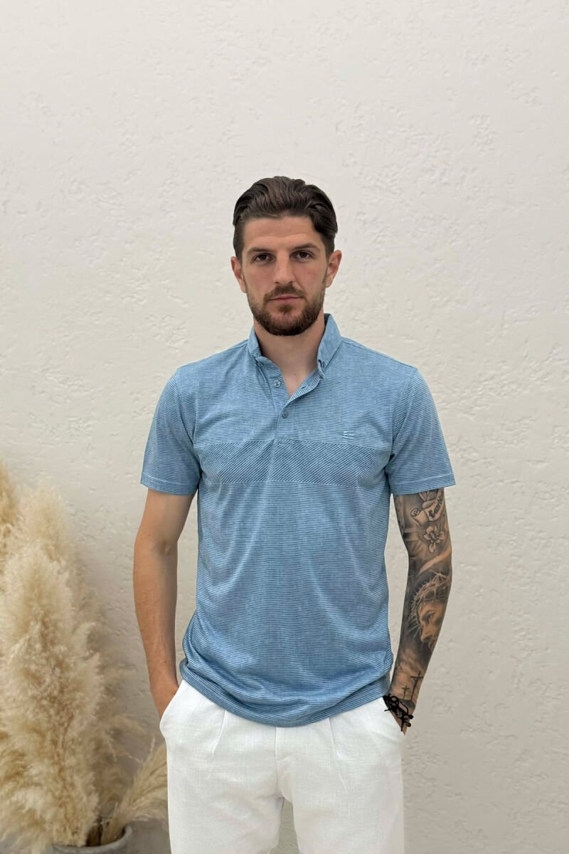 DESIGNED POLO NECK MEN T-SHIRT LIGHTBLUE/BZ - 1