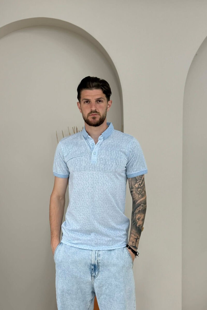 DESIGNED POLO NECK ONE COLOR MEN T-SHIRT LIGHTBLUE/BZ - 1