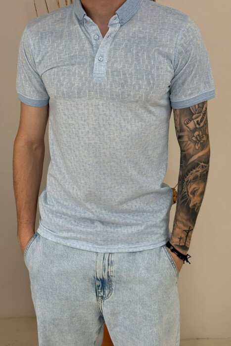DESIGNED POLO NECK ONE COLOR MEN T-SHIRT LIGHTBLUE/BZ - 2