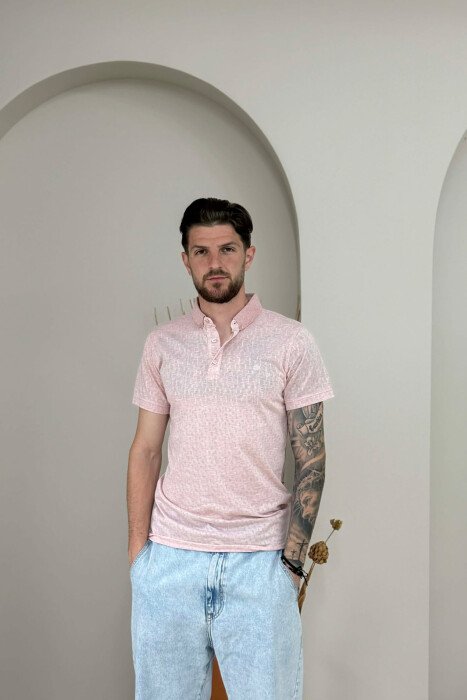 DESIGNED POLO NECK ONE COLOR MEN T-SHIRT POWDER/PUDER - KLAUDIO FASHION