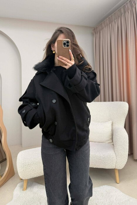DETACHABLE FAUX FUR COLLAR CROPPED WOMAN COAT BLACK/ E ZEZE - 1
