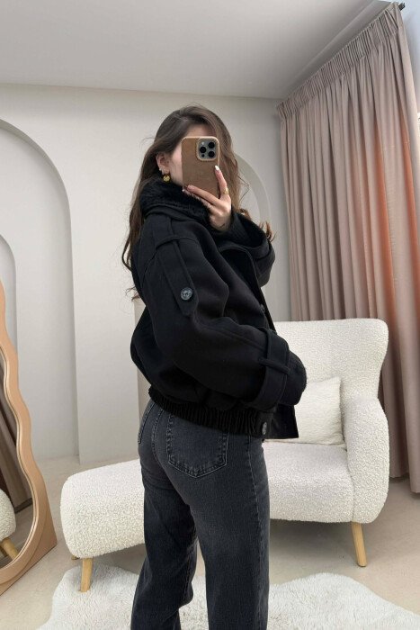 DETACHABLE FAUX FUR COLLAR CROPPED WOMAN COAT BLACK/ E ZEZE - 2
