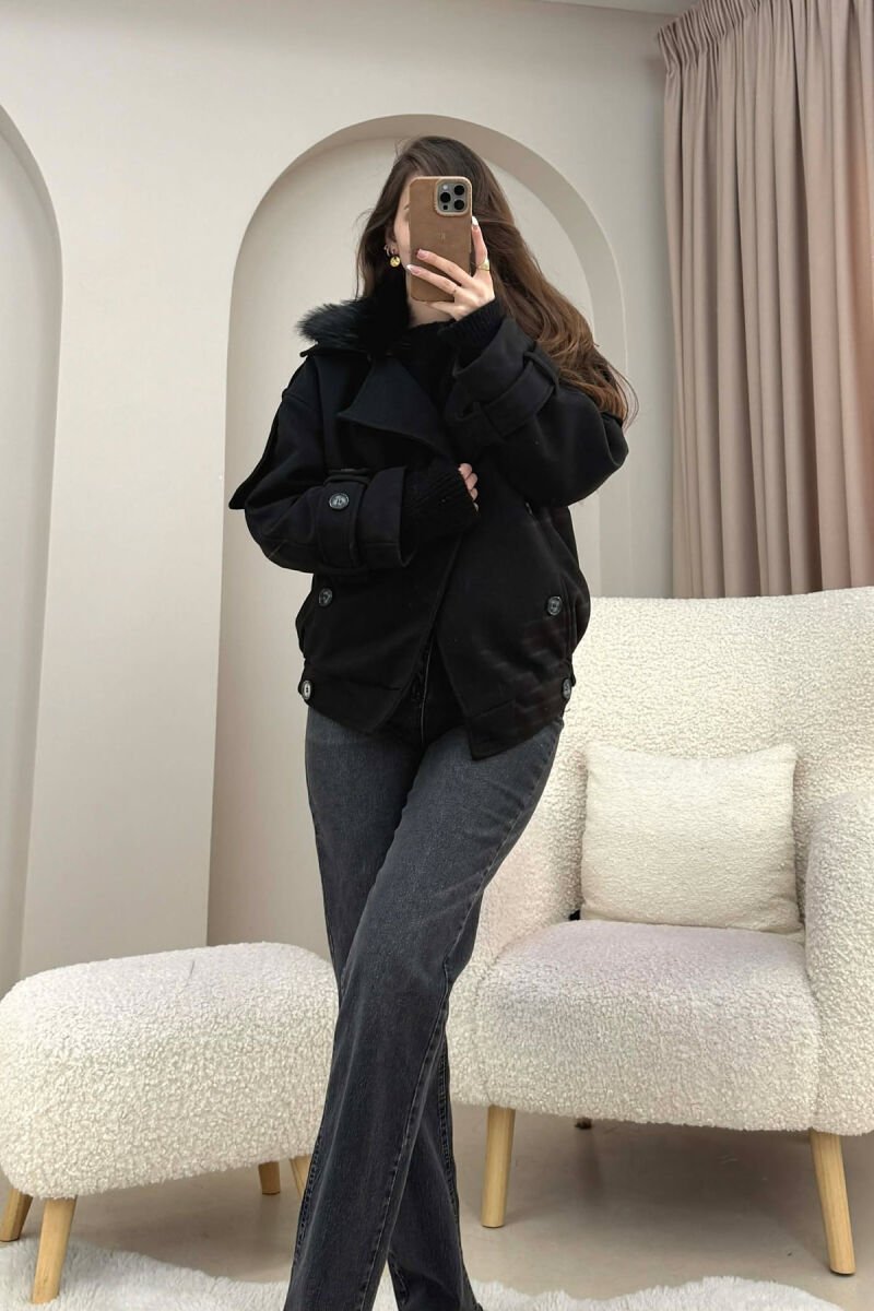 DETACHABLE FAUX FUR COLLAR CROPPED WOMAN COAT BLACK/ E ZEZE - 3