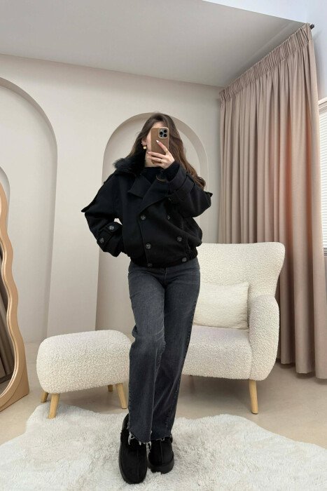 DETACHABLE FAUX FUR COLLAR CROPPED WOMAN COAT BLACK/ E ZEZE - 4