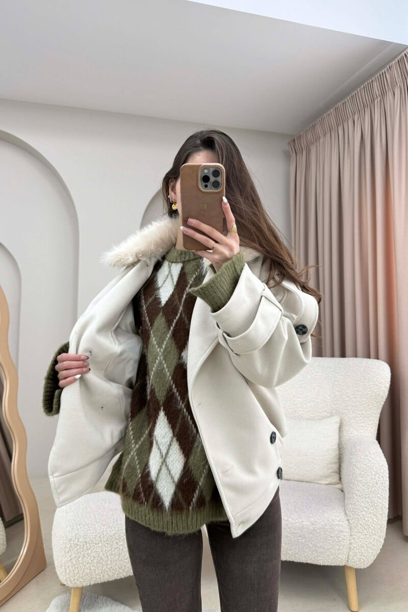 DETACHABLE FAUX FUR COLLAR CROPPED WOMAN COAT CREAM/KREM - 1