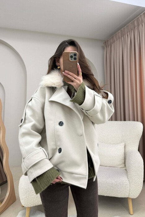 DETACHABLE FAUX FUR COLLAR CROPPED WOMAN COAT CREAM/KREM - 2