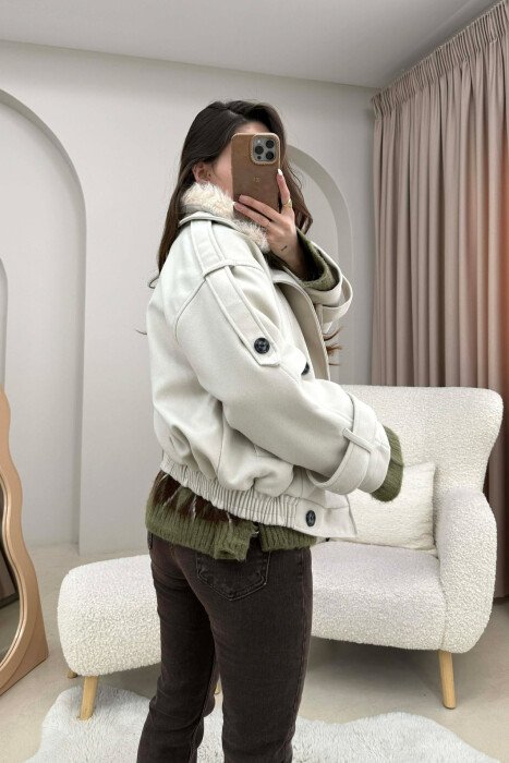 DETACHABLE FAUX FUR COLLAR CROPPED WOMAN COAT CREAM/KREM - 3