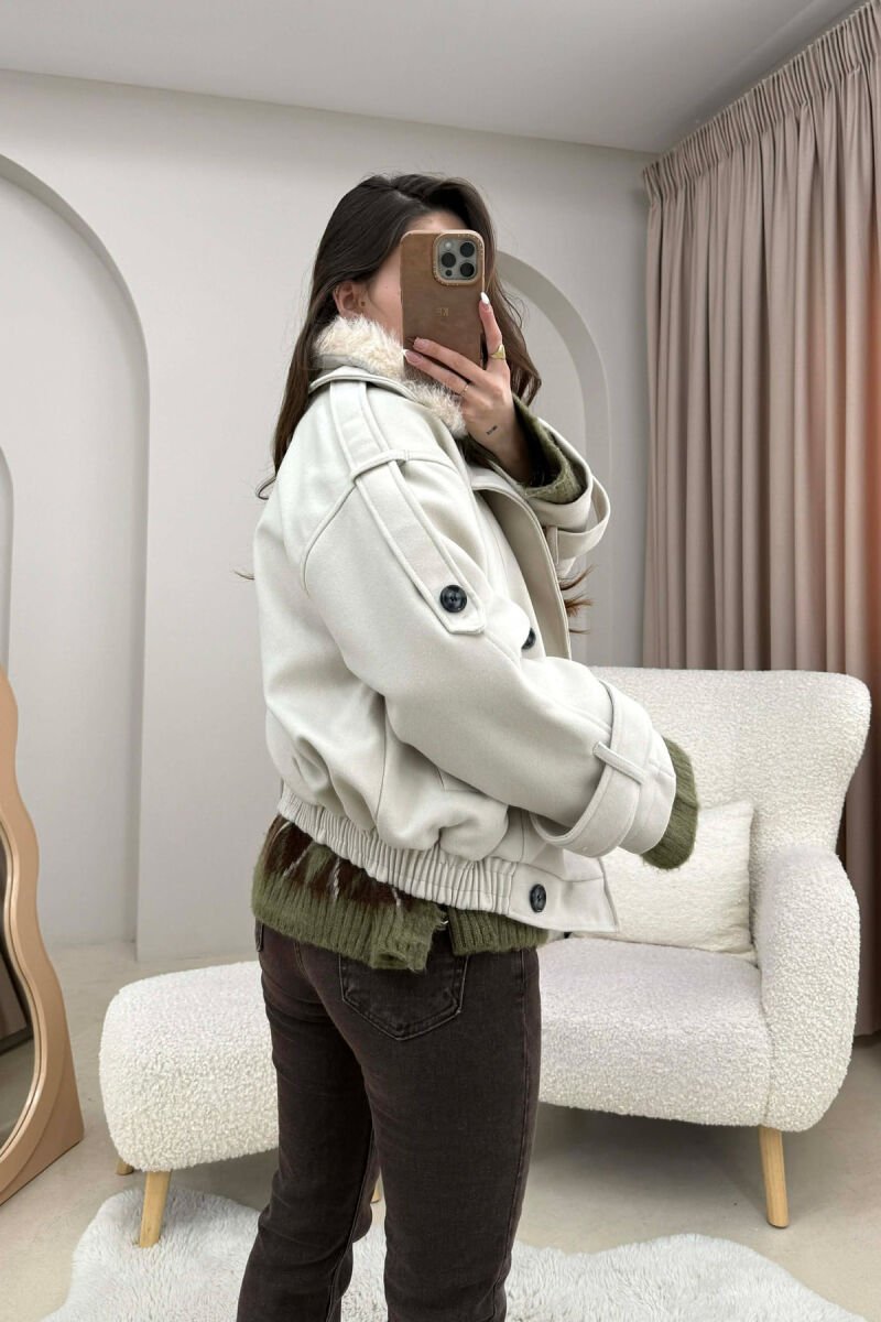 DETACHABLE FAUX FUR COLLAR CROPPED WOMAN COAT CREAM/KREM - 3