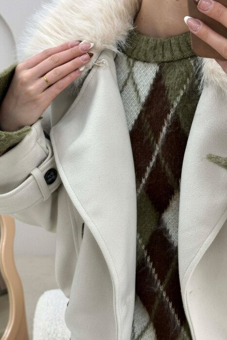 DETACHABLE FAUX FUR COLLAR CROPPED WOMAN COAT CREAM/KREM - 4