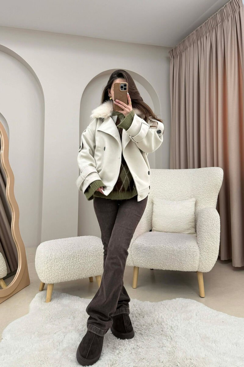 DETACHABLE FAUX FUR COLLAR CROPPED WOMAN COAT CREAM/KREM - 5