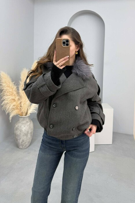 DETACHABLE FAUX FUR COLLAR CROPPED WOMAN COAT DARK GREY/GEE - 1