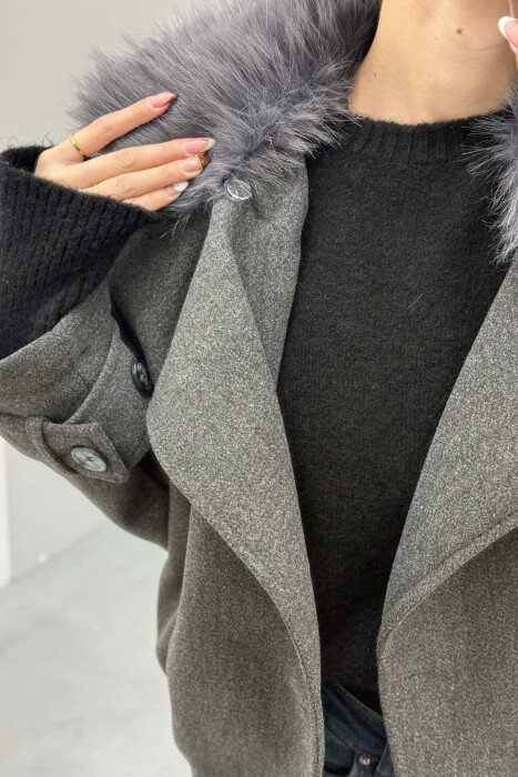 DETACHABLE FAUX FUR COLLAR CROPPED WOMAN COAT DARK GREY/GEE - 2