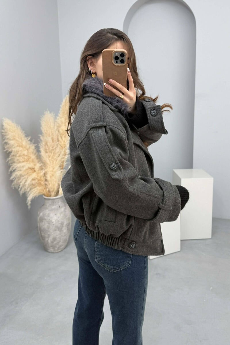 DETACHABLE FAUX FUR COLLAR CROPPED WOMAN COAT DARK GREY/GEE - 3