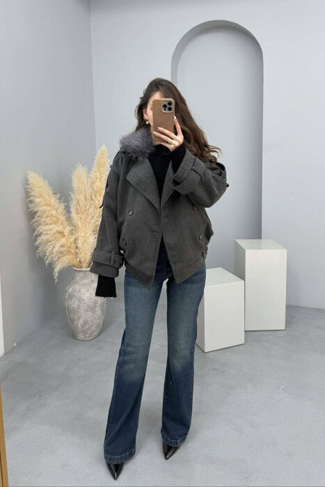DETACHABLE FAUX FUR COLLAR CROPPED WOMAN COAT DARK GREY/GEE - 5