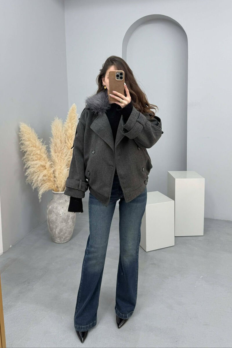 DETACHABLE FAUX FUR COLLAR CROPPED WOMAN COAT DARK GREY/GEE - 5
