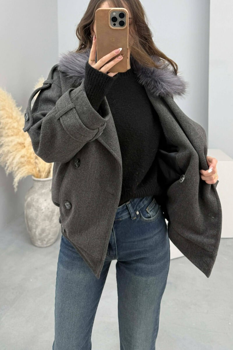 DETACHABLE FAUX FUR COLLAR CROPPED WOMAN COAT DARK GREY/GEE - 6