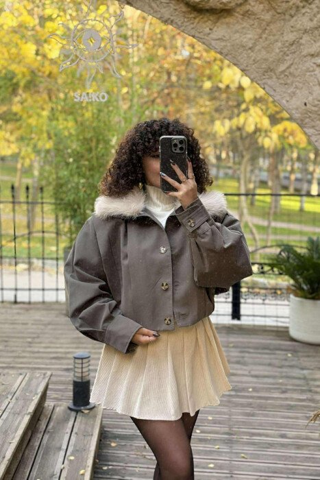 DETACHABLE FAUX FUR ONE COLOR WOMEN JACKET GREEN/JESHILE - 4