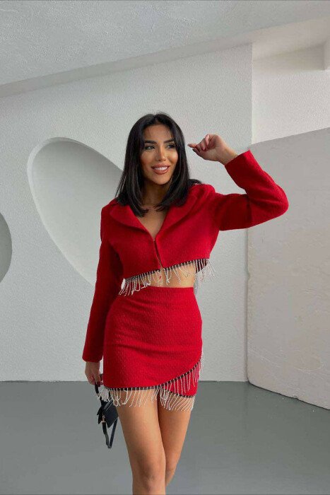 DETAILED JACKET+SKIRT ONE COLOR WOMEN SET RED/E KUQE - KLAUDIO FASHION
