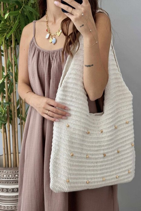 DETAILS CROCHET BEACH WOMEN BAG CREAM/KREM - KLAUDIO FASHION