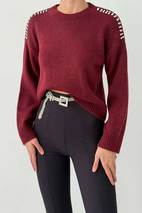 DIAMOND DETAILS ONE COLOR WOMEN SWEATER BURGUNDY/VISHNJE - 4