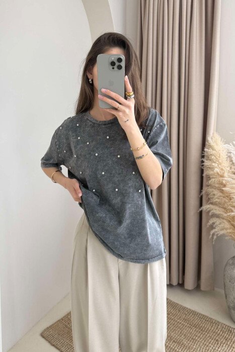T-SHIRT NJË NGJYRËSH ME DETAJIN E GURËVE PËR FEMRA NË NGJYRËN GRI - KLAUDIO FASHION